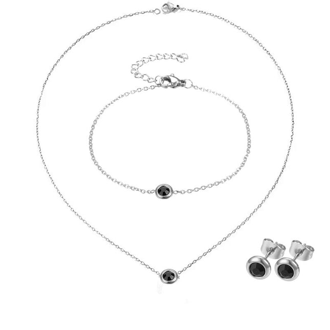 Parure collier boucles d'oreilles et bracelet acier inoxydable argenté - zirconium noir