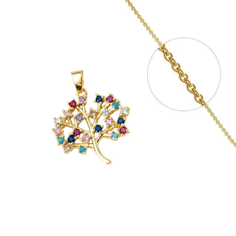 Collier chaîne et pendentif arbre de vie zirconiums couleurs sertis