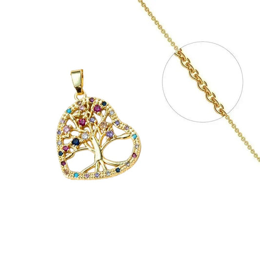 Collier chaîne et pendentif arbre de vie zirconiums couleurs sertis