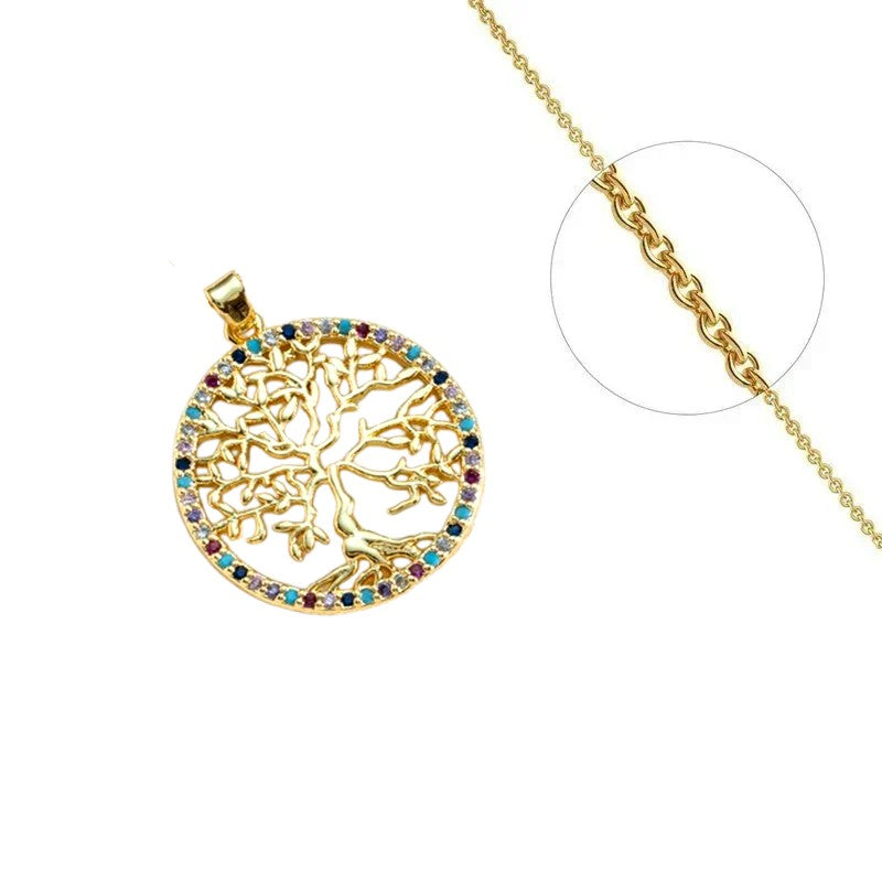 Collier chaîne et pendentif arbre de vie zirconiums couleurs sertis