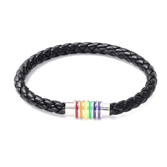Rainbow colored leather stainless steel bracelet