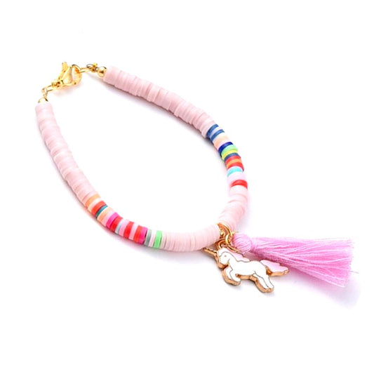 Bracelet enfant polymère rose avec pompon et licorne