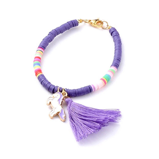 Bracelet enfant polymère violet avec pompon et licorne