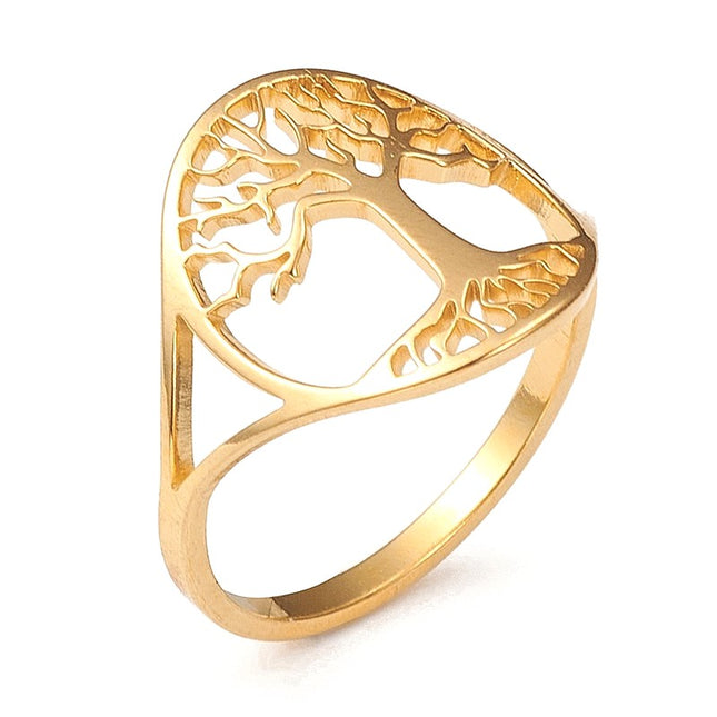 Luxury stainless steel ring tree of life gold