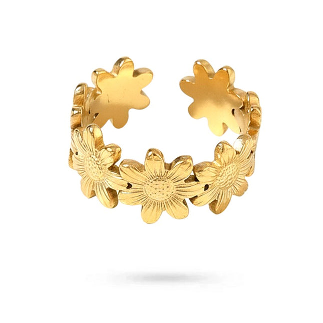 Bague acier inoxydable dorée lignée de fleurs