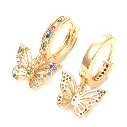 Colored CZ diamond butterfly hoop earrings