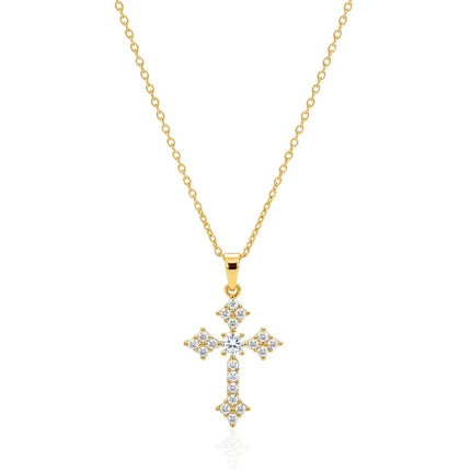 Stainless steel necklace with a gold-tone chain and cross pendant set with cubic zirconia.
