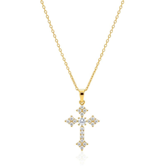 Collier acier inoxydable chaîne et pendentif croix dorée sertis de zirconiums