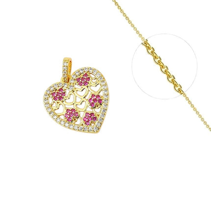 Collier chaîne et pendentif cœur zirconiums fushia sertis Colliers plaqué or Bijouxmode