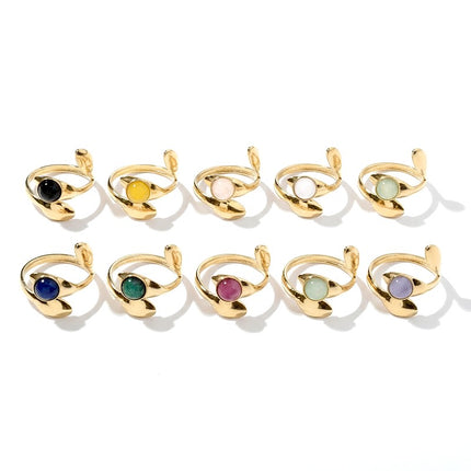 Set of 12 Stainless Steel Leaf Rings with Mixed Natural Stones