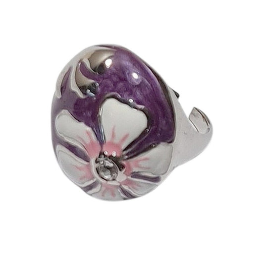 Bague acier inoxydable émail mauve et blanc fleur