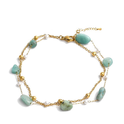 Chaîne de cheville en acier inoxydable double rangs pierres naturelles amazonite Bijouxmode