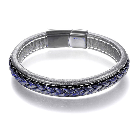 Bracelet acier inoxydable cuir bleu et gris