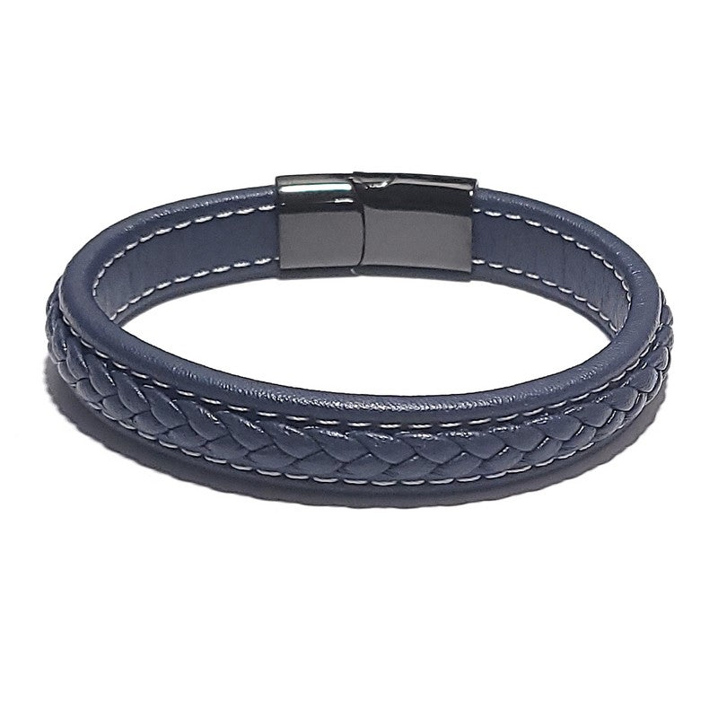 Bracelet acier inoxydable cuir bleu