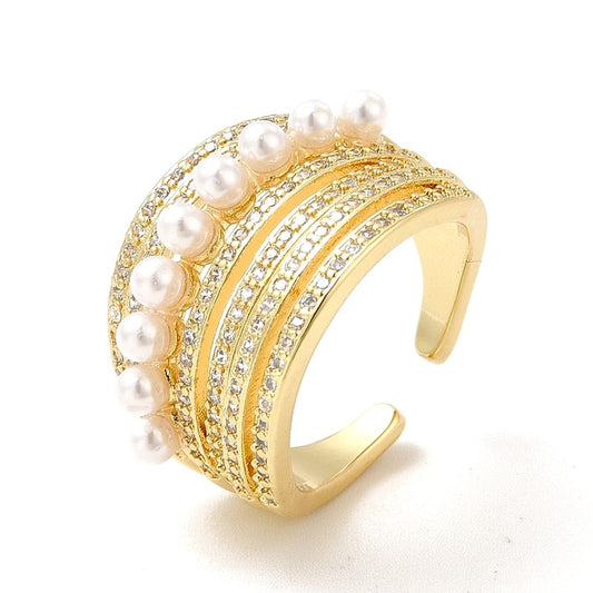 Anillo de mujer ajustable con diamantes CZ y perlas sintéticas.