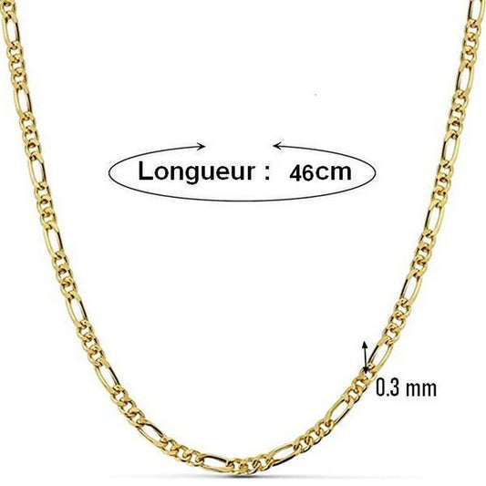 Chaîne collier acier inoxydable maille figaro - Couleur or 46 cm - 3 mm