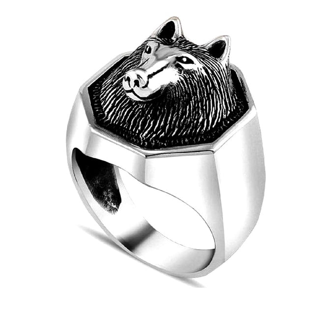 Bague acier inoxydable chevalière argenté tête de loup