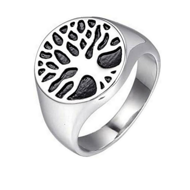 Bague acier inoxydable chevalière argentée arbre de vie