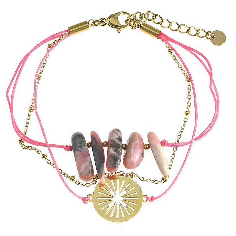 Bracelet acier inoxydable fil nylon rosace pierre rhodonite