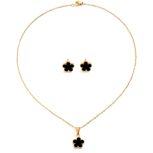 Parure collier pendentif chaîne fleur noir plaqué or 18k