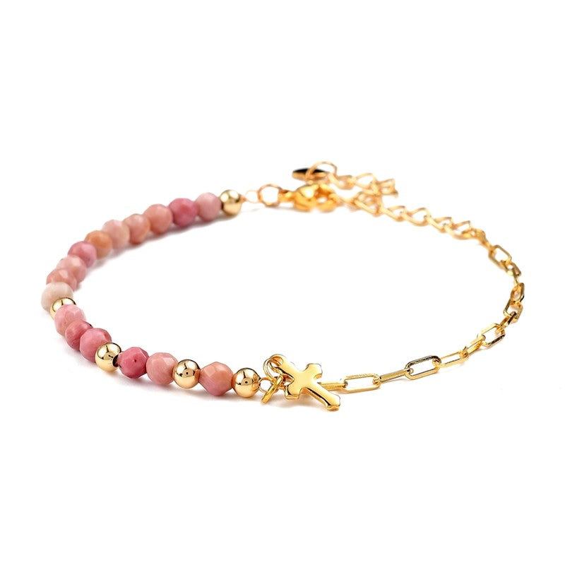 Bracelet pour femme - perles naturelles rhodonite breloque croix