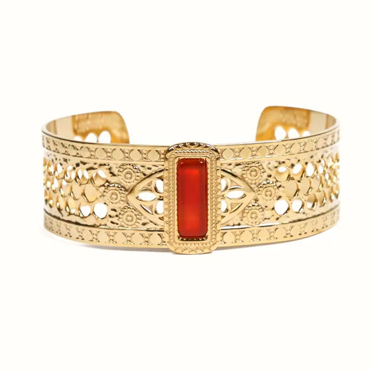 Pulsera de mujer - Brazalete Ines de acero con piedras naturales y ágata roja