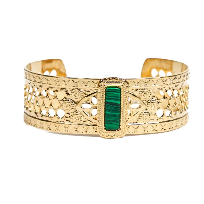 Women's bracelet - Ines bangle stainless steel natural malachite stones