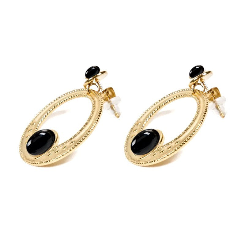 Carla stainless steel drop earrings with natural black agate stones