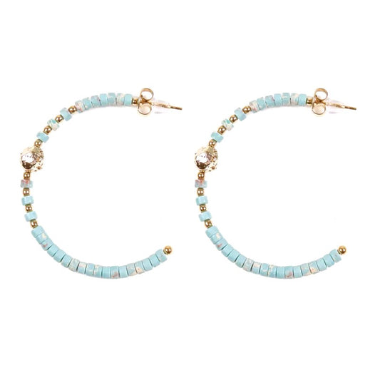 Boucles d'oreilles pendantes demi Créoles acier inoxydable pierres naturelles turquoise