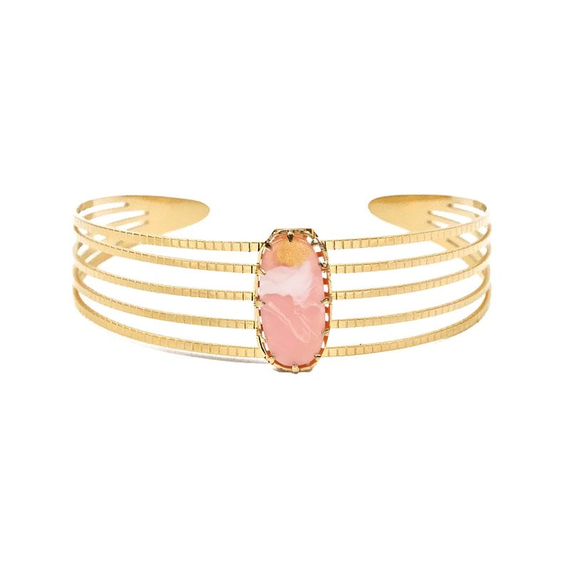 Pulsera de mujer - Brazalete Mélina de acero inoxidable con piedras naturales y ágata rosa