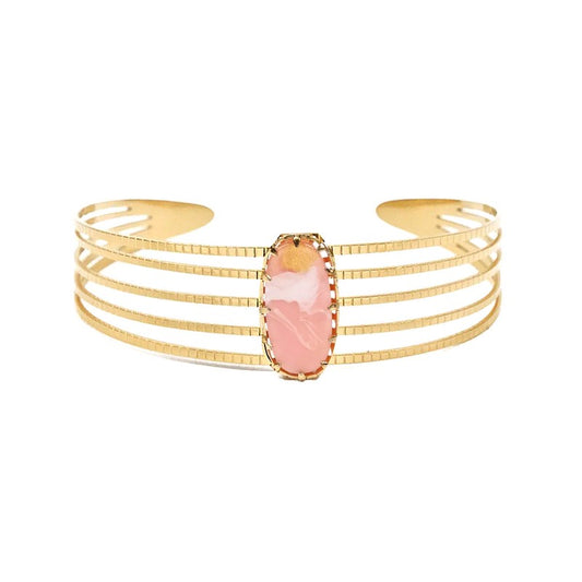 Pulsera de mujer - Brazalete Mélina de acero inoxidable con piedras naturales y ágata rosa