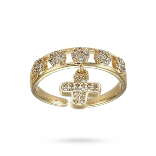 Bague femme réglable breloque croix zirconiums sertis