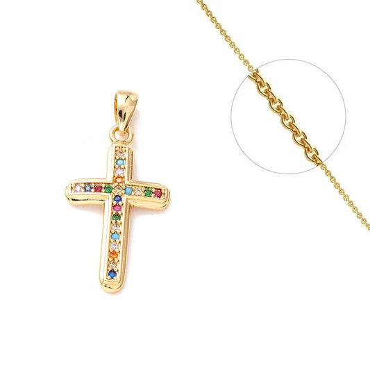 Collier chaîne pendentif croix religieuse zirconiums couleurs sertis