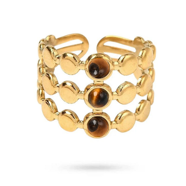Bagues pour femme acier inoxydable trois pierres naturelles œil de tigre Bagues pierres naturelles Bijouxmode