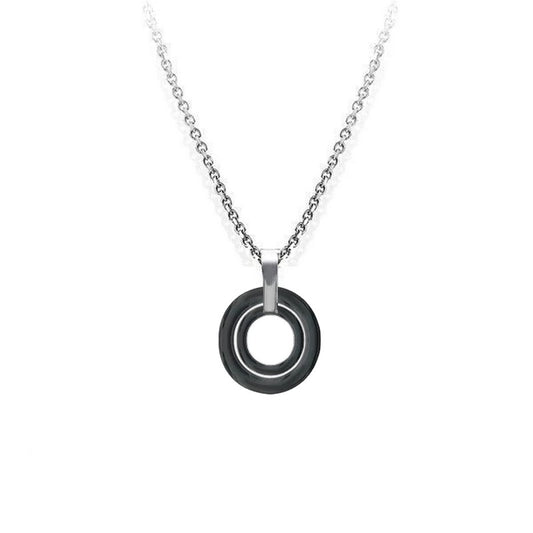 Collier fantaisie pour femme céramique - Chaînettes couleur argenté et cercles noir
