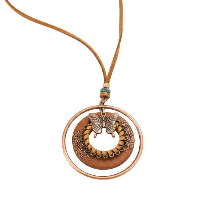 Collier fantaisie - style bohème bois et métal papillon