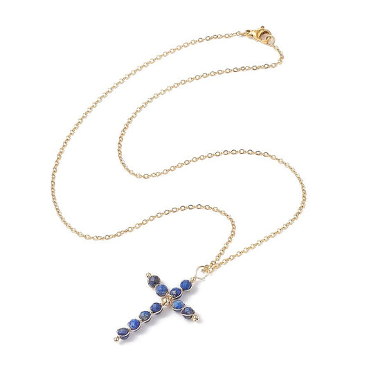 Collier acier inoxydable croix pierre naturelle lapis lazuli