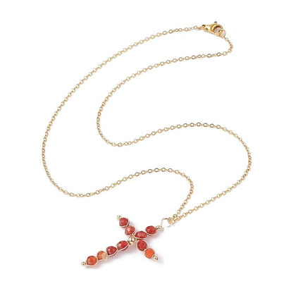 Collier acier inoxydable croix pierre naturelle agate rouge