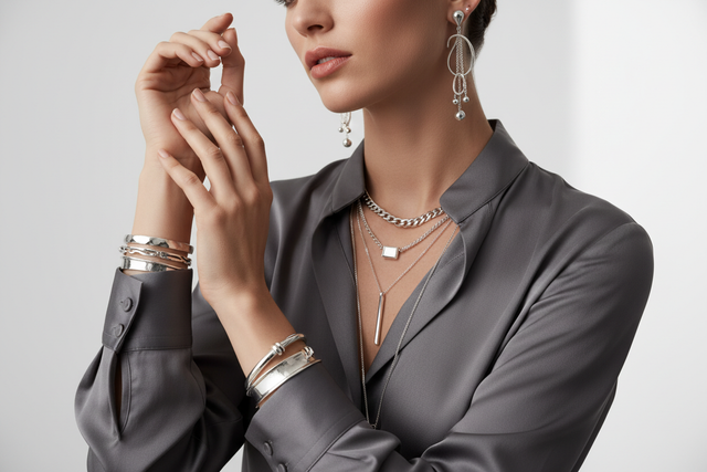 FEMME AVEC DES BIJOUX EN ARGENT