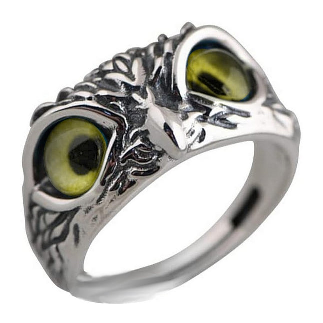 Stainless steel ring owl head yellow eyes