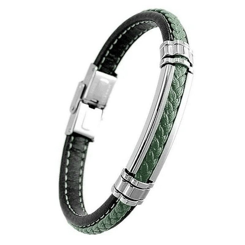Bracelet pour homme - Acier 316 - Cuir noir & vert