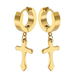 Boucles d'oreilles en acier 316 - Couleur doré - Créoles + croix Papybiker66