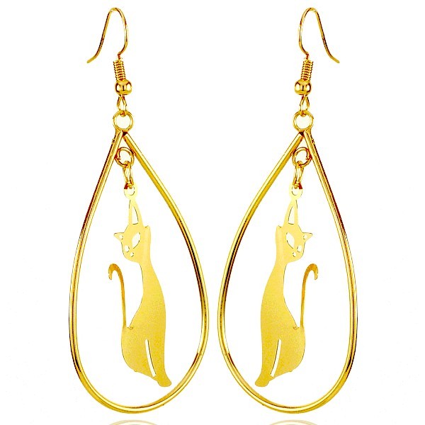Boucles d'oreilles fantaisie pour femme - Chat pendant couleur doré