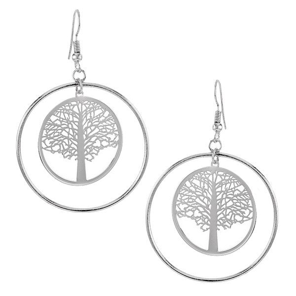 Boucles d'oreilles fantaisie pour femme - Créoles couleur argenté - Arbre de vie