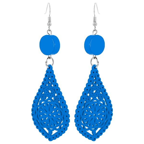 Boucles d'oreilles fantaisie pour femme en bois - Couleur bleu - Symbole ciselé