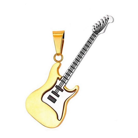Pendentif acier 316 doré Gothique Rock ou Biker - Guitare très chic ciselé avec cordon cuir et écrin