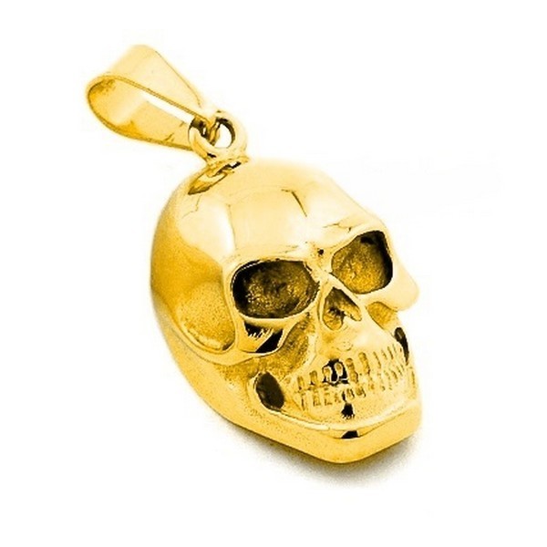 Pendentif acier 316 doré Gothique Rock ou Biker - Tête de mort avec cordon cuir et écrin