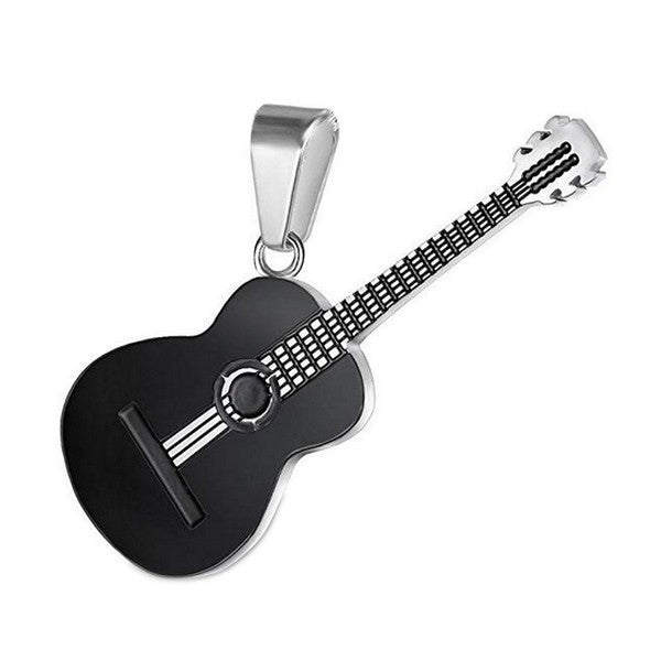 Pendentif acier 316 Gothique Rock ou Biker - Guitare - Couleur noir avec cordon cuir et écrin