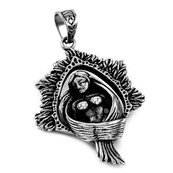 Pendentif acier 316 Gothique Rock ou Biker - Femme imposante ciselé avec cordon cuir et écrin