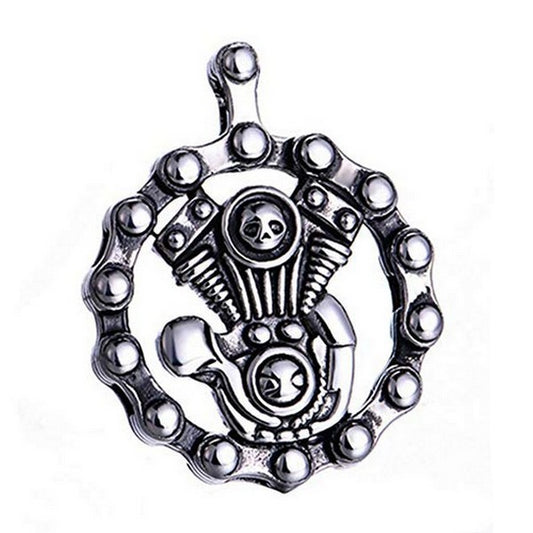 Pendentif acier 316 argenté Gothique Rock ou Biker - Moteur + Chaine avec cordon cuir et écrin